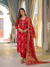 Women Red Viscose Rayon Ikat Embroidered Straight Kurta Trousers With Dupatta-PKSKD3185