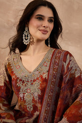 Brown Polyester Floral Printed Straight Kurta Trousers With Dupatta PKSKD3207