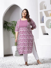 Plus Size Women Floral Printed Cotton Straight Kurta-PURPLEBIRDPLUS
