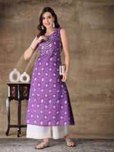 Women's Bandhej Printed Cotton Flared Kurta-PURPLESANVI