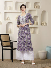 Women's Purple Printed & Embroidered Rayon Straight Chicken Kurta-PURPLETONY
