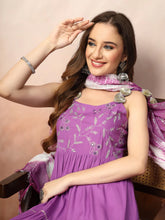 Women's Embroidered Cotton Tiered Kurta with Dupatta-PURPLEZINGLE