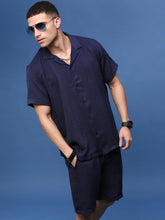 Men Navy Blue Cuban Collar Solid Co Ords Set-Pahel-3360-Navyblue