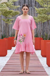 Plus Size Pink Hand Painted Square Neck Cotton Dress-CL-SW-3047