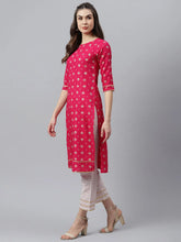 Women's Gold Printed Rayon Straight Kurta Pant Set-Pinkjewelskpset-XS