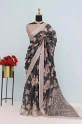 Linen Digital Print Black Saree With Unstiched Blouse Piece-MPHL-29-BLACK