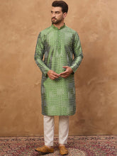 Ethnic Bay Men Green Silk Blend Geometric Printed Straight Kurta With Pant Set-MKSET1530