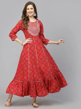 Women's Bandhani Printed & Embroidered Rayon Anarkali Kurta-REDAMBER36