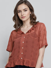 Rosah Women Rust Shirt Collar Dyed Smart Casual Top-RSTPRTDY-08