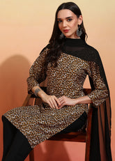 Women's Crepe Printed Straight Kurta Pant With Dupatta-ME104-TIgerblk-CRP-KPD