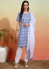 Women's Crepe Printed Straight Kurta Pant With Dupatta-ME107-skywht-CRP-KPD