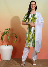 Women's Crepe Printed Straight Kurta Pant With Dupatta-ME108-grnwht-CRP-KPD