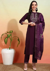 Women's Chanderi Embroidered Straight Kurta Pant With Dupatta-ME116-gvnd-wine-PV