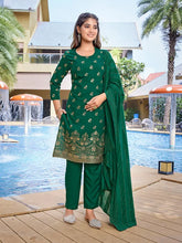 Women's Crepe Foil Printed Straight Kurta Pant With Dupatta-ME130-MFBOTLGRN