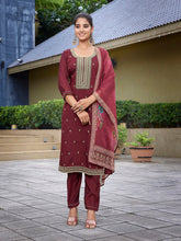 Women's Viscose Chanderi Embroidered Straight Kurta Pant With Dupatta-ME137-TAMCDNGMRON