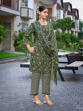 Women's Cotton Blend Printed Straight Kurta Pant With Dupatta-ME181-MAGIC-BOTLEGRN