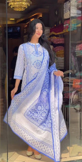 Women's Viscose Floral Printed Straight Kurta Pant With Dupatta-ME55 WHITE & BLUEKPD