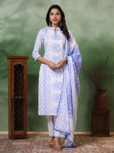 Women's Viscose Floral Printed Straight Kurta Pant With Dupatta-ME55 WHITE & BLUEKPD01