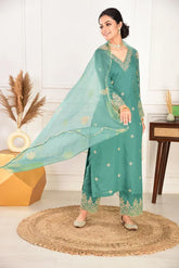 Women's Viscose chanderi Embroidered Straight Kurta Pant With Dupatta-ME60 Pine Green KPD01