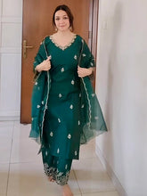 Women's Viscose silk Floral Embroidered Straight Kurta Palazzo With Dupatta-ME61 Nryn-Green