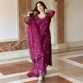 Women's Viscose silk Embroidered Straight Kurta Pant With Dupatta-ME61 Nryn-wine02