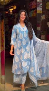 Women's Viscose Printed Straight Kurta Pant With Dupatta-ME66-SPLS-sky-KPD