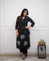 Women's Viscose Floral Embroidered Straight Kurta Set With Pant-ME72 Blackctn-KP