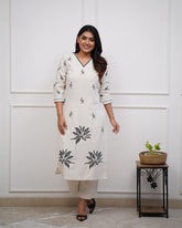 Women's Viscose Floral Embroidered Straight Kurta Set With Pant-ME72 whitectn-KP
