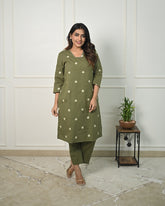 Women's Cotton Floral Embroidered Straight Kurta Set With Pant-ME73-Mhendiwork-KP