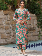 Women's Viscose Floral Printed Straight co-ord set-ME74-grnpink-codset