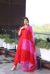 Women's Viscose Embroidered Angarkha Kurta Pant With Dupatta-ME77-RED