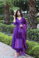 Women's Viscose Embroidered Angarkha Kurta Pant With Dupatta-ME77-purple