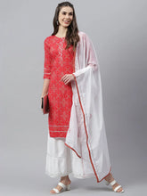 Women's Bandhani Print Rayon Straight Kurta Sharara Dupatta Set