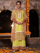 The Madhubala Green Floral Print & Lacy Pure Cotton Kurta&Palazzo Set With Kota Doria Print Dupatta-S4359LIMEGREEN