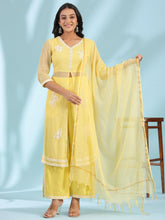 Yellow Floral Printed pure Cotton Kurta Palazzos & Kota Doria Dupatta With Beads Work-S4384YELLOW