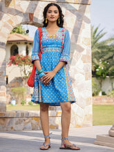 Blue Floral Printed Pure Cotton Dress With Beads & sequins Work-S4462BLUE
