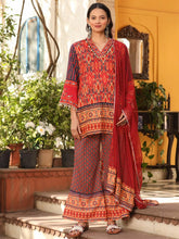 Rust Ikat Printed Cotton Voile Kurta Bell Bottom & Dupatta Set With Coins Kaudis & Mirror Work-S4486RUST