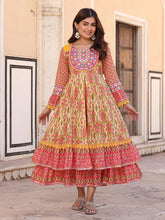 Green Cotton Ikat Printed Layered Maxi Dress With Thread Embroidery & Dori Tassel Tie-Up At Waist-S4491GREEN