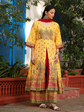 Mustard Cotton Floral Printed Anarkali Kurta With Pants And Dupatta Set With Sequins & Beadwork-S4493MUSTARD
