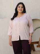 The Mishri Nude Floral Printed & Gathered Rayon Plus Size Tunic, Showcasing Threaded Embroidery And A Gathered Design, This Tunic Boasts A Notch Neckline And Three-Quarter Regular Sleeves For A Stylish And Comfortable Ensemble.-S4494PLUSNUDE