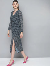 Navy Floral Geo Print Wrap Detail Midi Dress