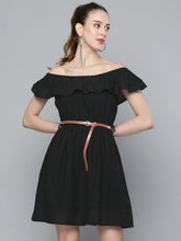 Black Bardot Schiffli Belted Dress