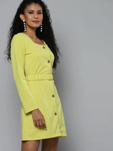 Yellow Scuba Front Button Belted Dress