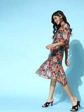 Black Floral Organza Balloon Sleeve Midi Dress