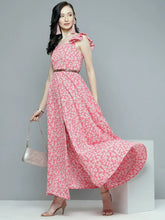Women Pink Floral Bardot Belted Maxi Dress