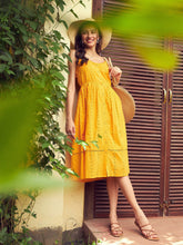 Women Mustard Schiffli Strappy Midi Dress-SFDRSS11299