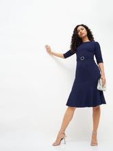 Women Navy Frill Hem Belted Midi Dress-SFDRSS11505