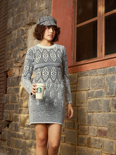 Women Grey & Black Geo Woolen Sweater Dress-SFDRSS11728