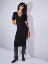 Women Black Rib V Neck Midi Dress-SFDRSS12352