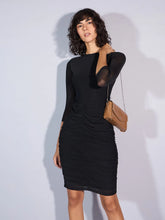 Women Black Mesh Ruched Midi Dress-SFDRSS12364